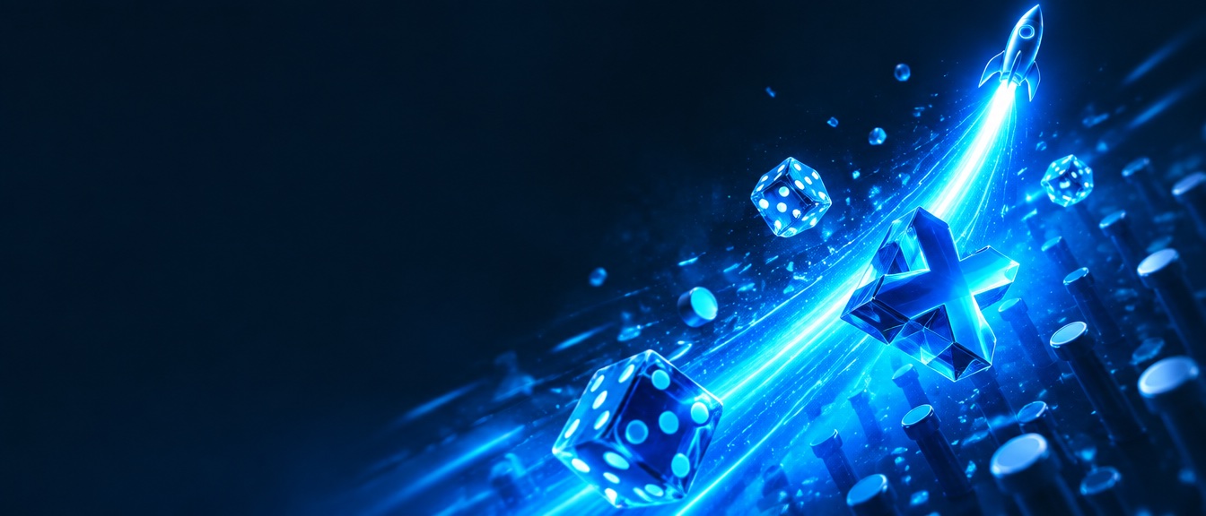 Originals banner: a crash-game rocket trail with dice
