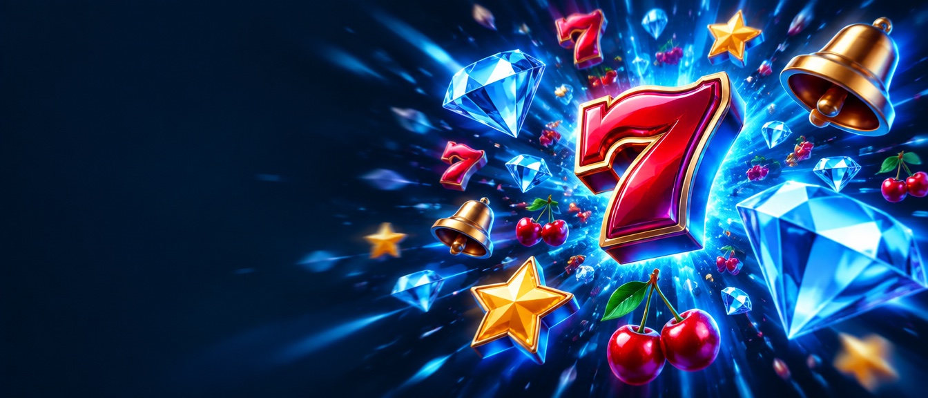 Slots banner: slot symbols bursting toward the viewer