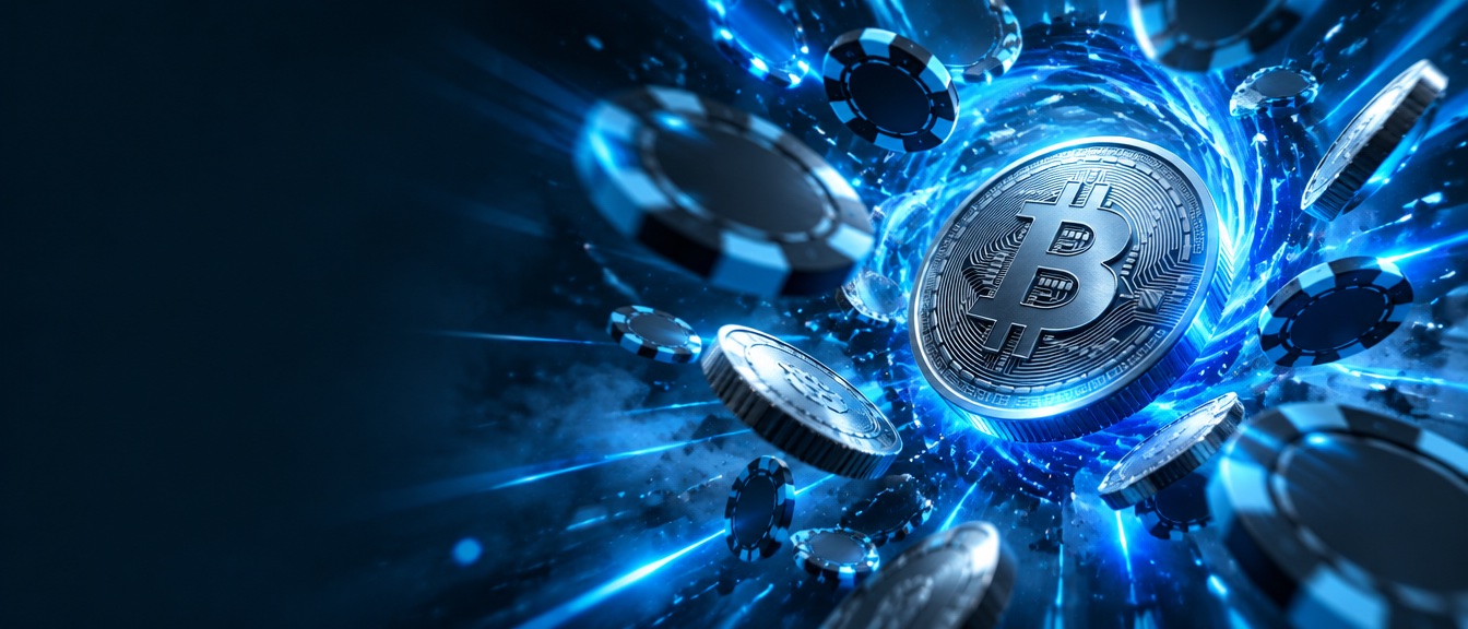 Welcome offer banner: chips and a steel coin bursting out of blue light